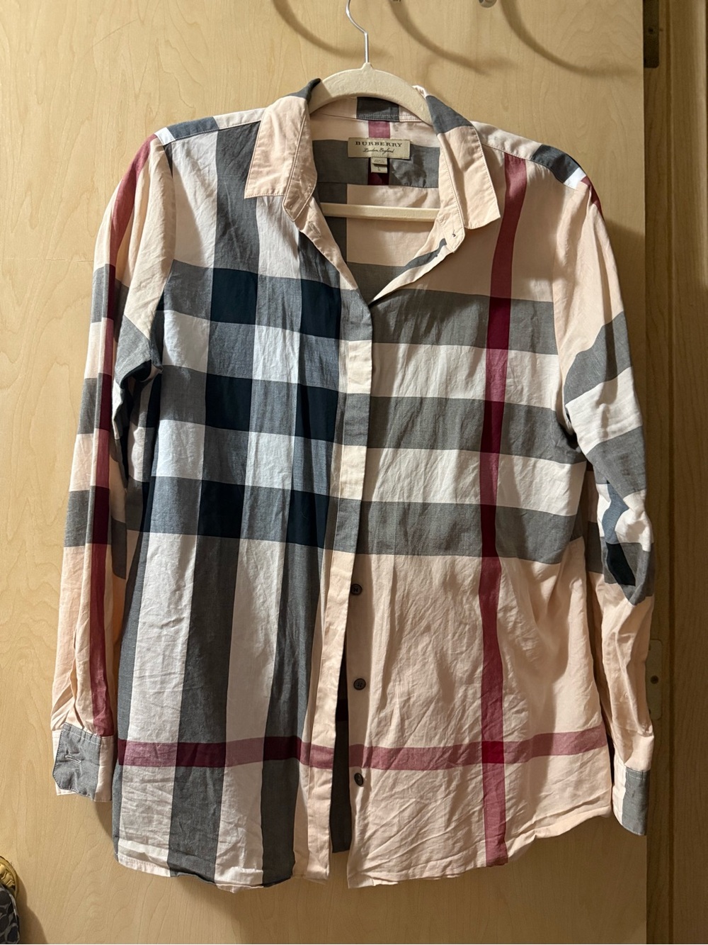 Burberry Plaid Button-Down Shirt in Cream, Gray & Burgundy - Picture 2 of 5